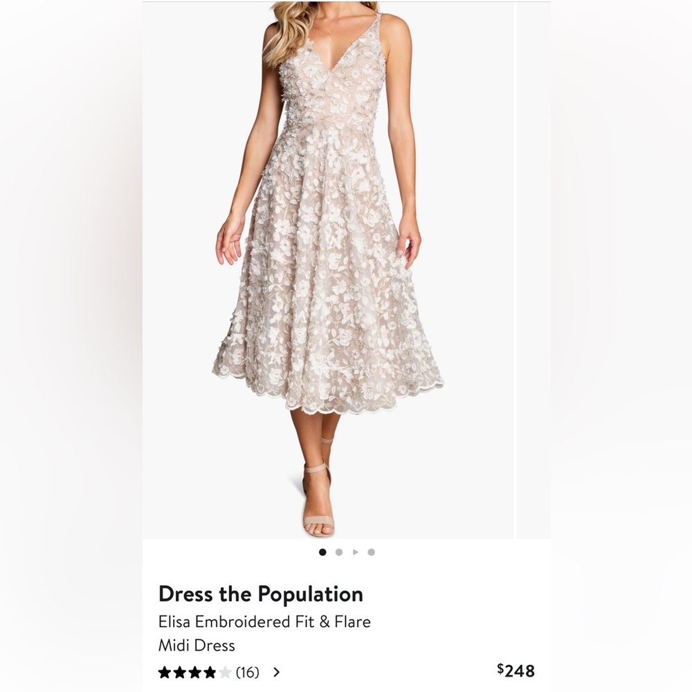 Dress the Population Elisa Embroidered Fit and Flare Midi Dress, NWT Size Medium